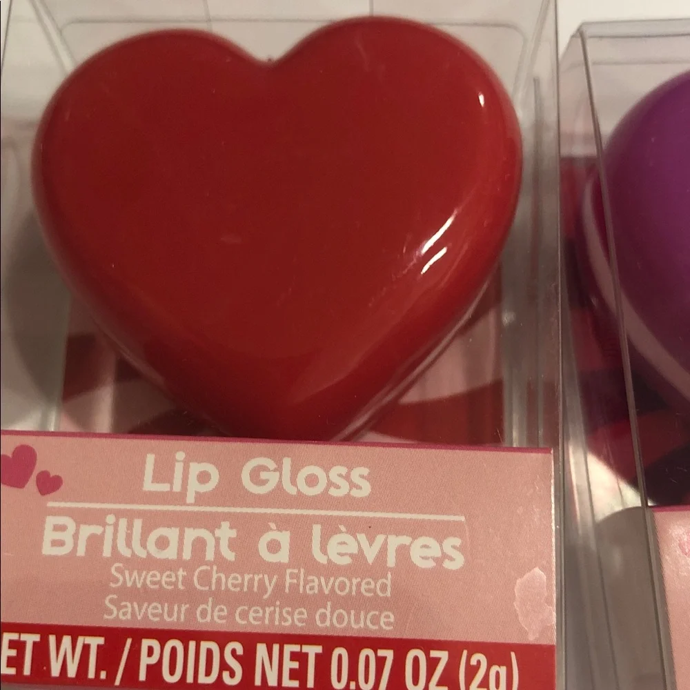 2pack Sweet Cherry and Grape Berry flavored red and purple heart shape lip gloss